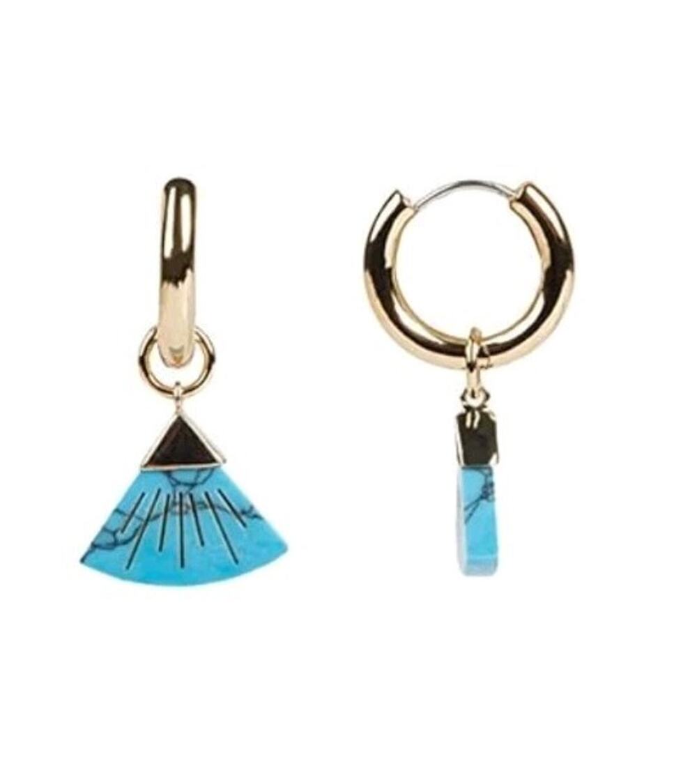 Rebecca Minkoff NEW Tiny Gold Huggie Hoop Turquoise Carved Fan Charm Earrings